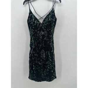 Windsor Emerald Green Sequin Damask Mini Dress Black Open Back V-Neck Small